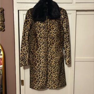 Mango Leopard Print Trench Coat with Dark Faux Fur Collar